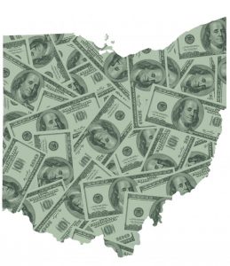 One-hundred dollar bills in the shape of the state of Ohio.
