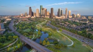 Houston skyline during afternoon rush hour traffic.